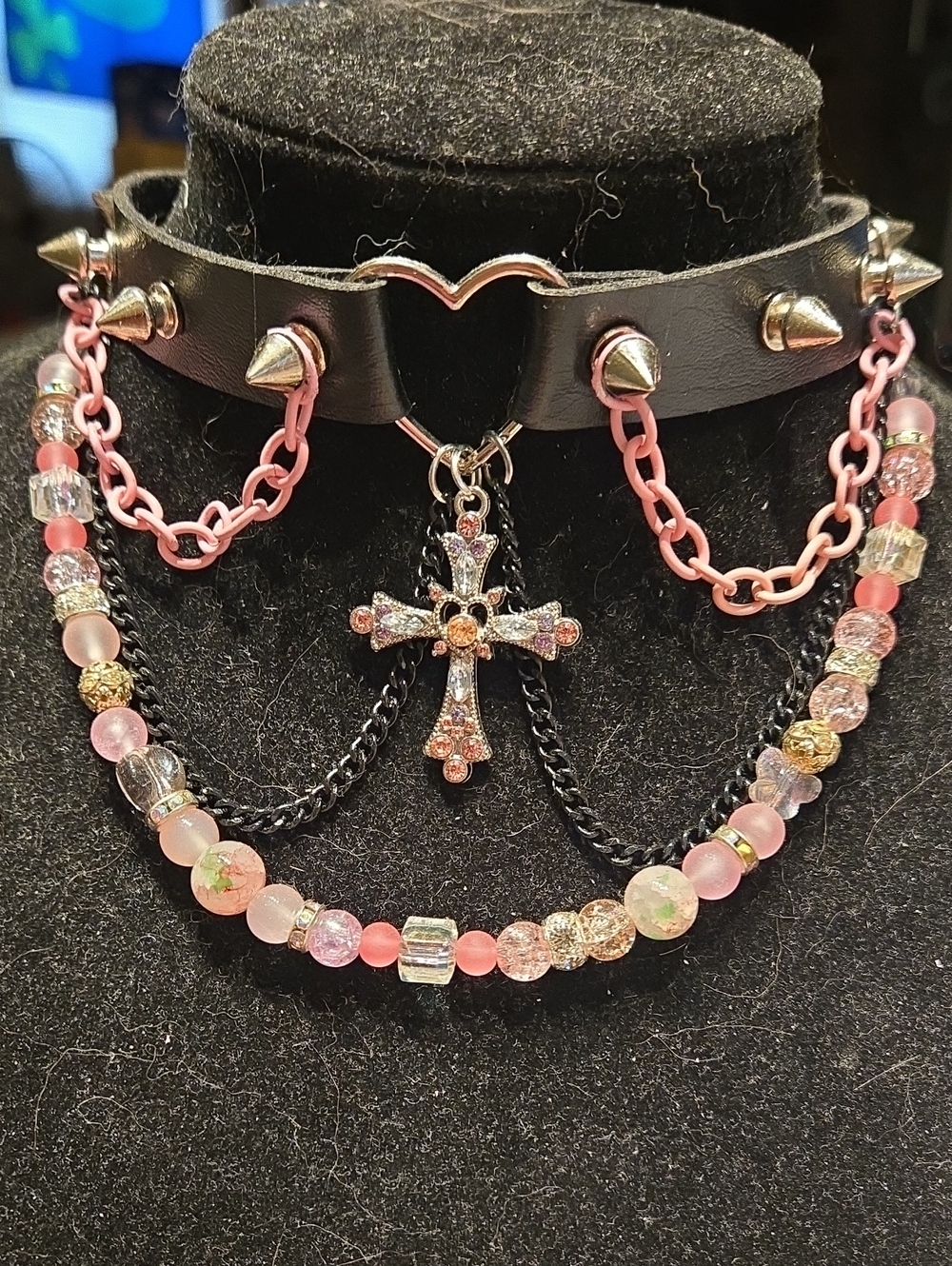 Pink & Black Spiked Heart Choker Necklace with Crystal Cross